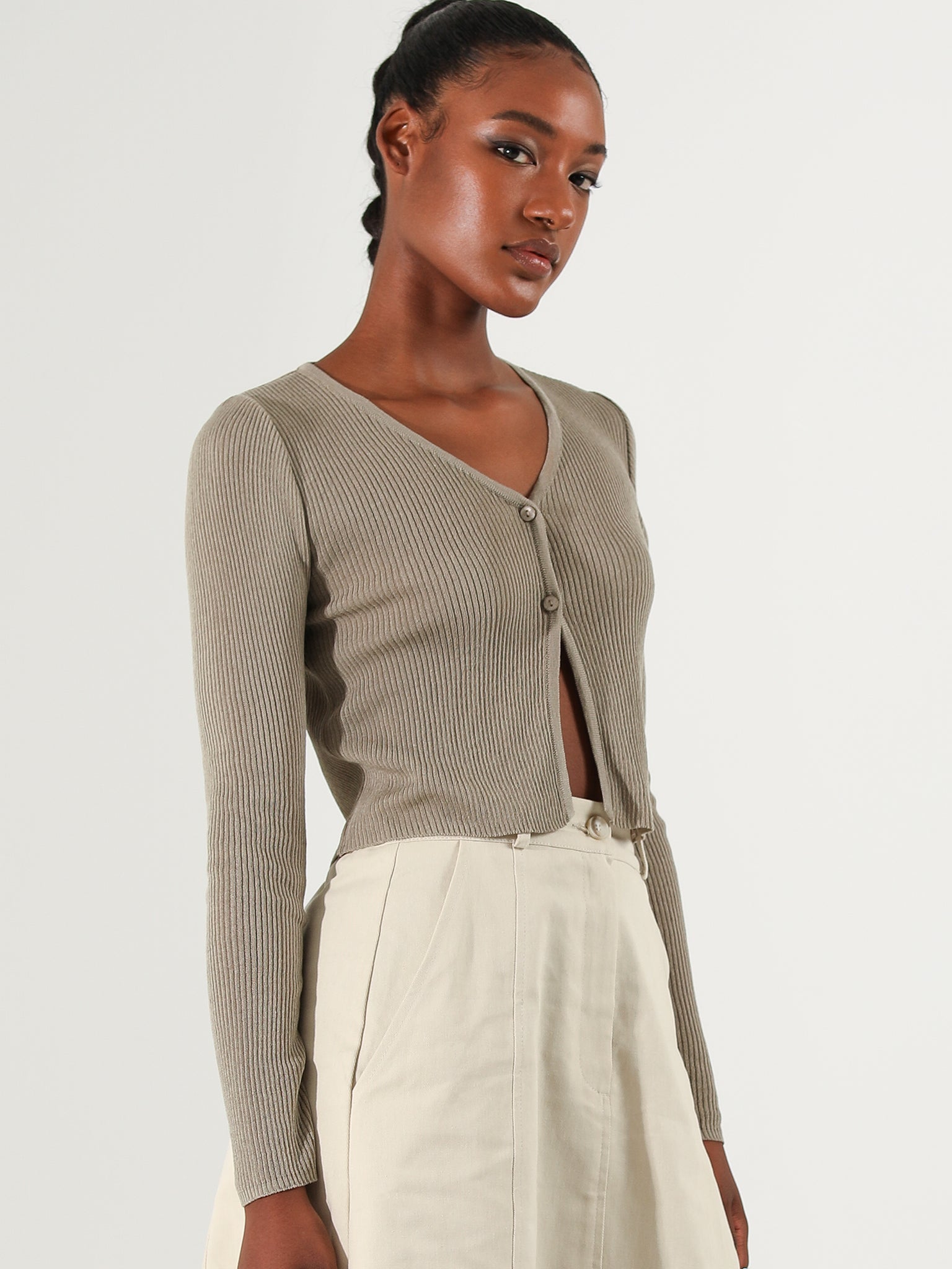 2-Button Ribbed Cardigan, Khaki