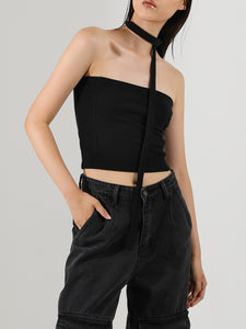 Lace-Up Tube Top with Scarf, Black