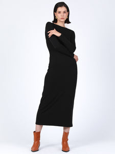 Boat Neck Long Sleeve Maxi Dress, Black