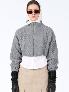 Cable Knit Cropped Sweater, Gray